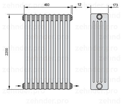 Схема (чертеж) Радиатор Zehnder Charleston 5220/10 №2670 Белый глянцевый RAL 9016